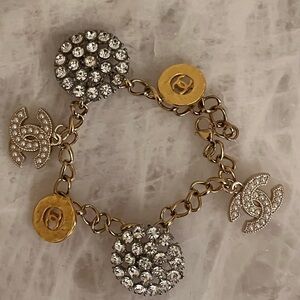 Vintage CHANEL Gold and Silver Crystal Button Charm Bracelet